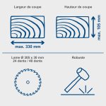 Scie à onglet radiale 2000 W lame 305 mm coupe 330×105 mm double inclinaison table -45/+45 laser